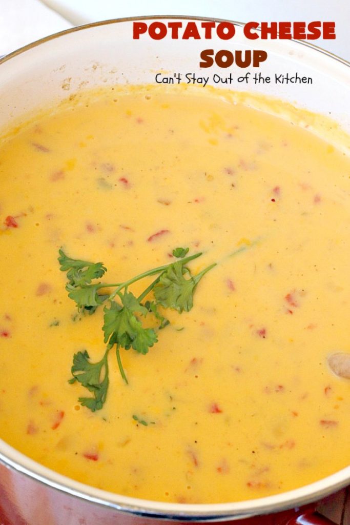 Potato Cheese Soup | Can't Stay Out of the Kitchen | this amazing #soup will soon become a favorite! Uses diced #tomatoes with green #chilies & #velveeta. Quick & easy, too. #glutenfree