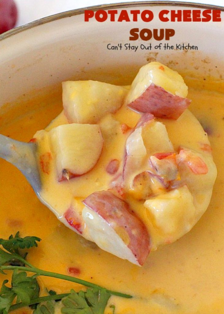 Potato Cheese Soup | Can't Stay Out of the Kitchen | this amazing #soup will soon become a favorite! Uses diced #tomatoes with green #chilies & #velveeta. Quick & easy, too. #glutenfree