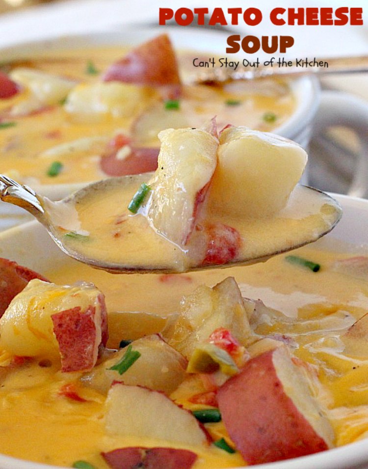 Potato Cheese Soup | Can't Stay Out of the Kitchen | this amazing #soup will soon become a favorite! Uses diced #tomatoes with green #chilies & #velveeta. Quick & easy, too. #glutenfree