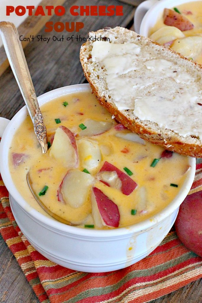 Potato Cheese Soup | Can't Stay Out of the Kitchen | this amazing #soup will soon become a favorite! Uses diced #tomatoes with green #chilies & #velveeta. Quick & easy, too. #glutenfree