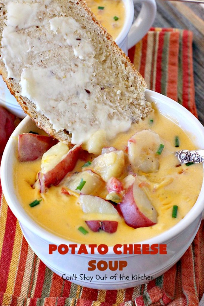 Potato Cheese Soup | Can't Stay Out of the Kitchen | this amazing #soup will soon become a favorite! Uses diced #tomatoes with green #chilies & #velveeta. Quick & easy, too. #glutenfree
