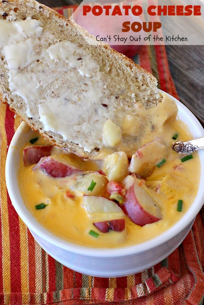 Potato Cheese Soup | Can't Stay Out of the Kitchen | this amazing #soup will soon become a favorite! Uses diced #tomatoes with green #chilies & #velveeta. Quick & easy, too. #glutenfree