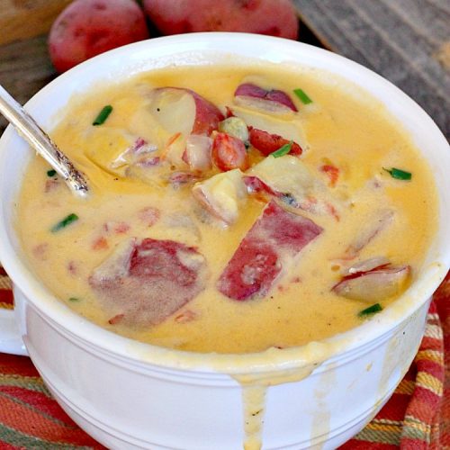 Potato Cheese Soup | Can't Stay Out of the Kitchen | this amazing #soup will soon become a favorite! Uses diced #tomatoes with green #chilies & #velveeta. Quick & easy, too. #glutenfree