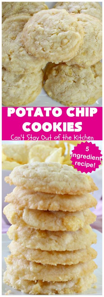 Potato Chip Cookies | Can't Stay Out of the Kitchen | these amazing 5-ingredient #cookies are divine! We make them every year at #Christmas time and everyone loves them. All are amazed that they have #PotatoChips in the batter! Mouthwatering & so delicious. #holiday #HolidayBaking #HolidayDessert #ChristmasCookieExchange #dessert #PotatoChipCookies