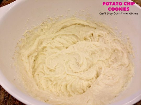 Potato Chip Cookies | Can't Stay Out of the Kitchen | these amazing 5-ingredient #cookies are divine! We make them every year at #Christmas time and everyone loves them. All are amazed that they have #PotatoChips in the batter! Mouthwatering & so delicious. #holiday #HolidayBaking #HolidayDessert #ChristmasCookieExchange #dessert #PotatoChipCookies