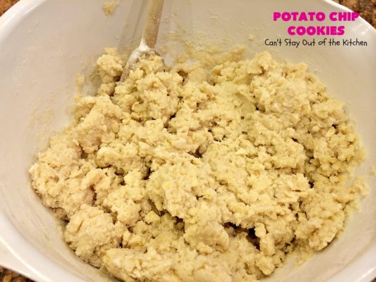 Potato Chip Cookies | Can't Stay Out of the Kitchen | these amazing 5-ingredient #cookies are divine! We make them every year at #Christmas time and everyone loves them. All are amazed that they have #PotatoChips in the batter! Mouthwatering & so delicious. #holiday #HolidayBaking #HolidayDessert #ChristmasCookieExchange #dessert #PotatoChipCookies