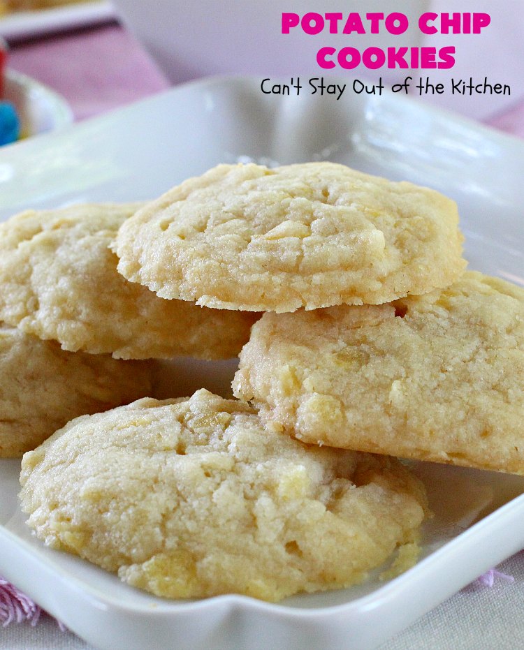 Potato Chip Cookies | Can't Stay Out of the Kitchen | these amazing 5-ingredient #cookies are divine! We make them every year at #Christmas time and everyone loves them. All are amazed that they have #PotatoChips in the batter! Mouthwatering & so delicious. #holiday #HolidayBaking #HolidayDessert #ChristmasCookieExchange #dessert #PotatoChipCookies