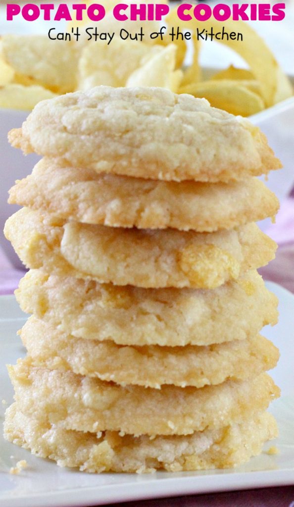 Potato Chip Cookies | Can't Stay Out of the Kitchen | these amazing 5-ingredient #cookies are divine! We make them every year at #Christmas time and everyone loves them. All are amazed that they have #PotatoChips in the batter! Mouthwatering & so delicious. #holiday #HolidayBaking #HolidayDessert #ChristmasCookieExchange #dessert #PotatoChipCookies