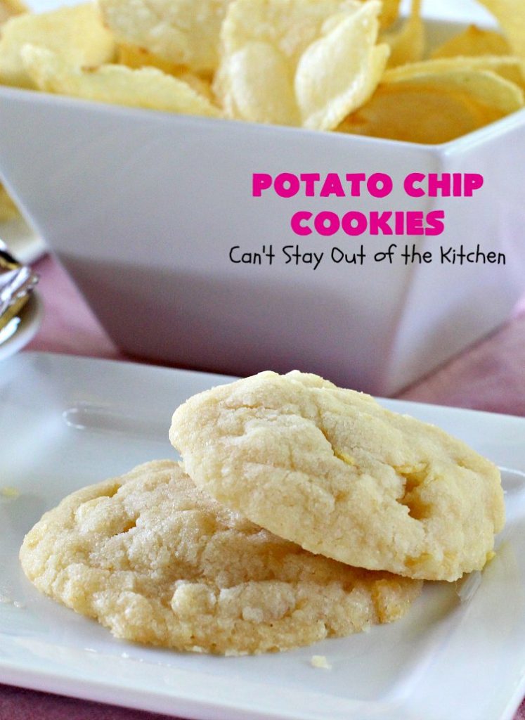 Potato Chip Cookies | Can't Stay Out of the Kitchen | these amazing 5-ingredient #cookies are divine! We make them every year at #Christmas time and everyone loves them. All are amazed that they have #PotatoChips in the batter! Mouthwatering & so delicious. #holiday #HolidayBaking #HolidayDessert #ChristmasCookieExchange #dessert #PotatoChipCookies