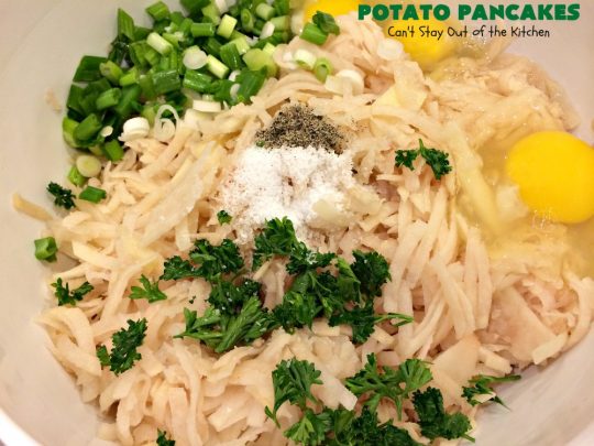 Potato Pancakes | Can't Stay Out of the Kitchen | this vintage #recipe is a keeper! It's great to serve for #Breakfast or #dinner. Serve with #applesauce, ketchup or the condiments of your choice. #potatoes #GlutenFree #Holiday #PotatoPancakes #HolidayBreakfast #healthy #CleanEating #HashBrownPotatoes