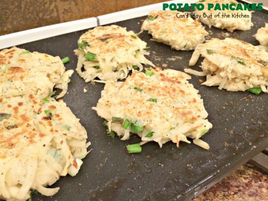Potato Pancakes | Can't Stay Out of the Kitchen | this vintage #recipe is a keeper! It's great to serve for #Breakfast or #dinner. Serve with #applesauce, ketchup or the condiments of your choice. #potatoes #GlutenFree #Holiday #PotatoPancakes #HolidayBreakfast #healthy #CleanEating #HashBrownPotatoes