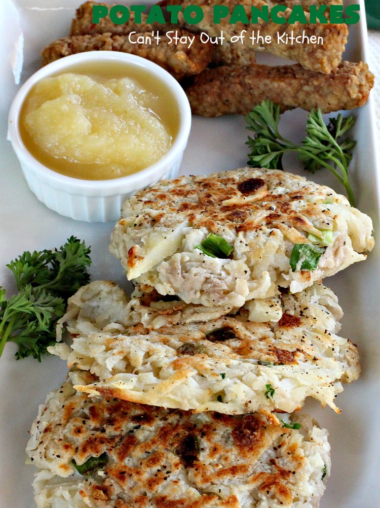 Potato Pancakes | Can't Stay Out of the Kitchen | this vintage #recipe is a keeper! It's great to serve for #Breakfast or #dinner. Serve with #applesauce, ketchup or the condiments of your choice. #potatoes #GlutenFree #Holiday #PotatoPancakes #HolidayBreakfast #healthy #CleanEating #HashBrownPotatoes