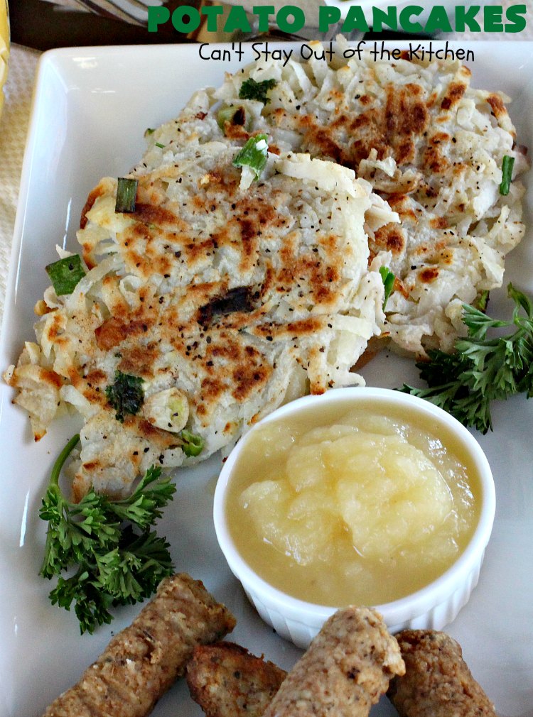 Potato Pancakes | Can't Stay Out of the Kitchen | this vintage #recipe is a keeper! It's great to serve for #Breakfast or #dinner. Serve with #applesauce, ketchup or the condiments of your choice. #potatoes #GlutenFree #Holiday #PotatoPancakes #HolidayBreakfast #healthy #CleanEating #HashBrownPotatoes
