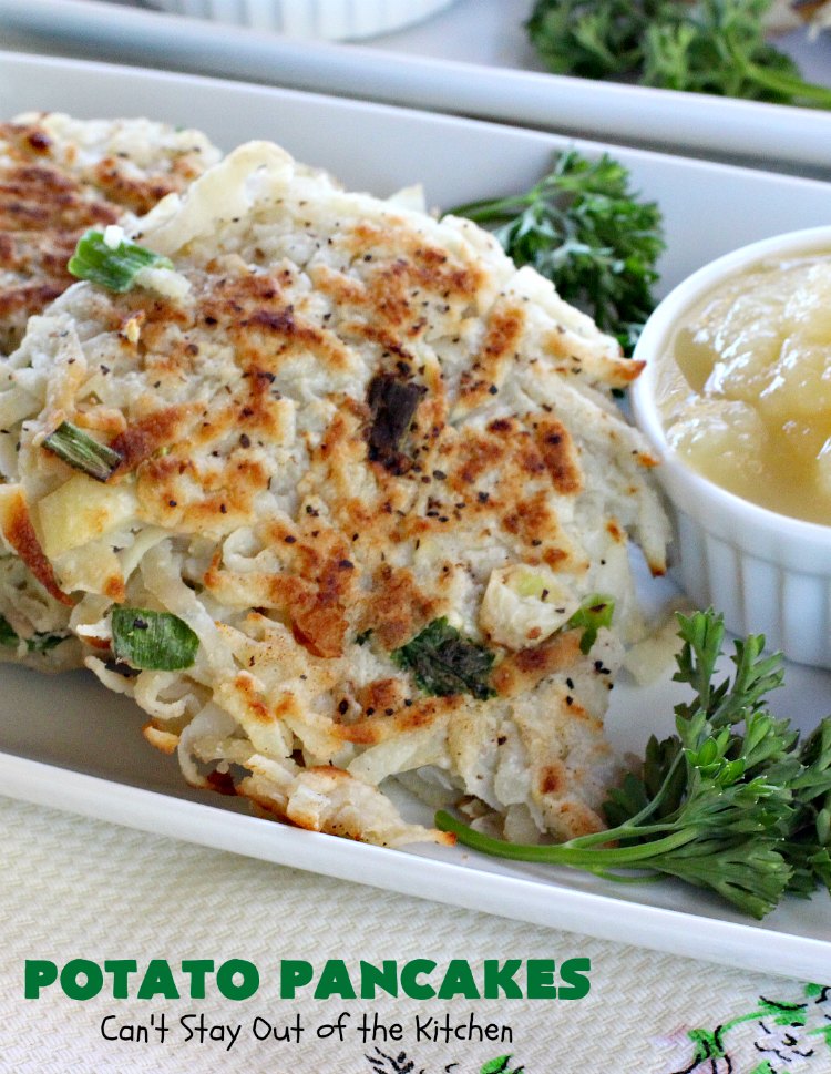 Potato Pancakes | Can't Stay Out of the Kitchen | this vintage #recipe is a keeper! It's great to serve for #Breakfast or #dinner. Serve with #applesauce, ketchup or the condiments of your choice. #potatoes #GlutenFree #Holiday #PotatoPancakes #HolidayBreakfast #healthy #CleanEating #HashBrownPotatoes