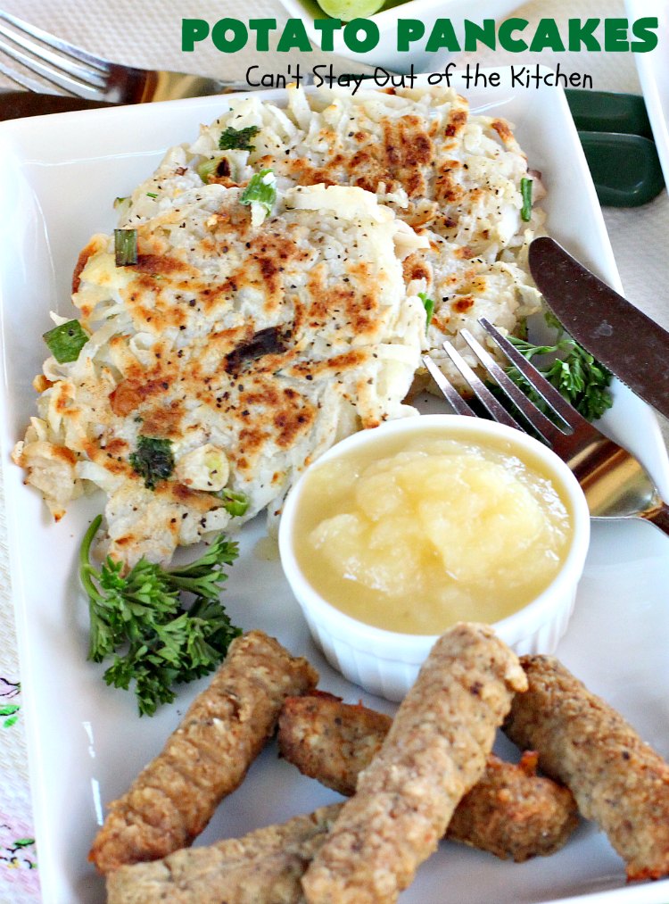 Potato Pancakes | Can't Stay Out of the Kitchen | this vintage #recipe is a keeper! It's great to serve for #Breakfast or #dinner. Serve with #applesauce, ketchup or the condiments of your choice. #potatoes #GlutenFree #Holiday #PotatoPancakes #HolidayBreakfast #healthy #CleanEating #HashBrownPotatoes