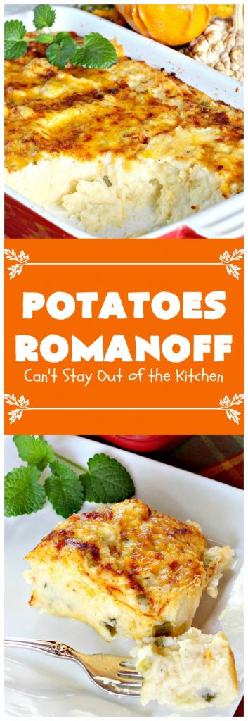 Potatoes Romanoff | Can't Stay Out of the Kitchen | this easy #MashedPotatoes #casserole is made a day before cooking it, making it perfect for #holidays like #Thanksgiving or #Christmas since you can make it ahead. It's one of our favorite ways to serve #potatoes. #glutenfree #cheddarcheese