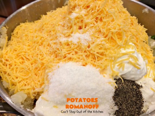 Potatoes Romanoff | Can't Stay Out of the Kitchen | this easy #MashedPotatoes #casserole is made a day before cooking it, making it perfect for #holidays like #Thanksgiving or #Christmas since you can make it ahead. It's one of our favorite ways to serve #potatoes. #glutenfree #cheddarcheese