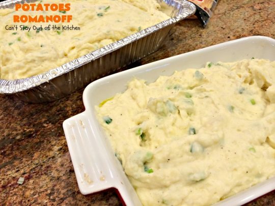 Potatoes Romanoff | Can't Stay Out of the Kitchen | this easy #MashedPotatoes #casserole is made a day before cooking it, making it perfect for #holidays like #Thanksgiving or #Christmas since you can make it ahead. It's one of our favorite ways to serve #potatoes. #glutenfree #cheddarcheese