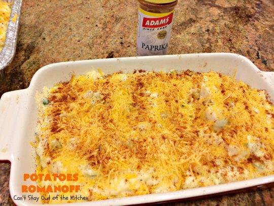 Potatoes Romanoff | Can't Stay Out of the Kitchen | this easy #MashedPotatoes #casserole is made a day before cooking it, making it perfect for #holidays like #Thanksgiving or #Christmas since you can make it ahead. It's one of our favorite ways to serve #potatoes. #glutenfree #cheddarcheese