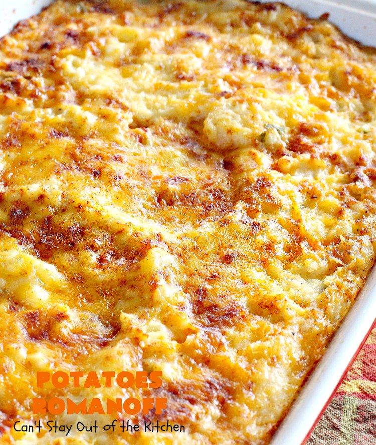 Potatoes Romanoff | Can't Stay Out of the Kitchen | this easy #MashedPotatoes #casserole is made a day before cooking it, making it perfect for #holidays like #Thanksgiving or #Christmas since you can make it ahead. It's one of our favorite ways to serve #potatoes. #glutenfree #cheddarcheese