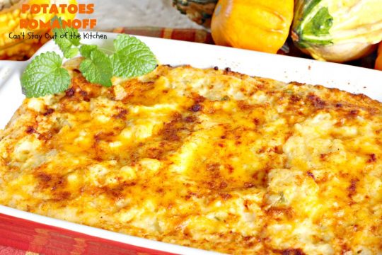 Potatoes Romanoff | Can't Stay Out of the Kitchen | this easy #MashedPotatoes #casserole is made a day before cooking it, making it perfect for #holidays like #Thanksgiving or #Christmas since you can make it ahead. It's one of our favorite ways to serve #potatoes. #glutenfree #cheddarcheese