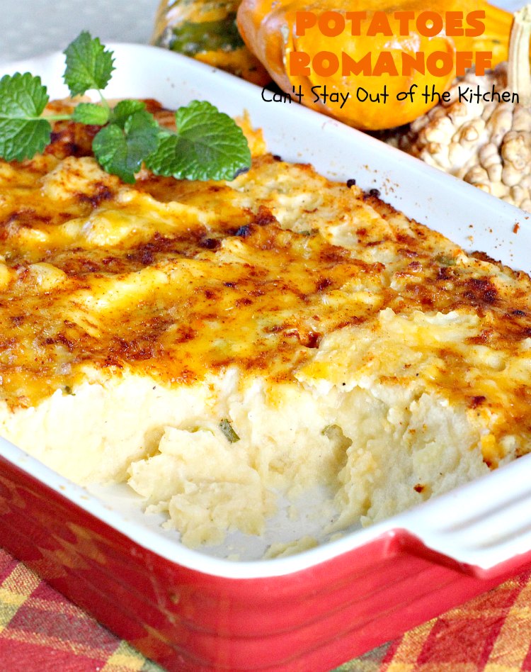 Potatoes Romanoff | Can't Stay Out of the Kitchen | this easy #MashedPotatoes #casserole is made a day before cooking it, making it perfect for #holidays like #Thanksgiving or #Christmas since you can make it ahead. It's one of our favorite ways to serve #potatoes. #glutenfree #cheddarcheese