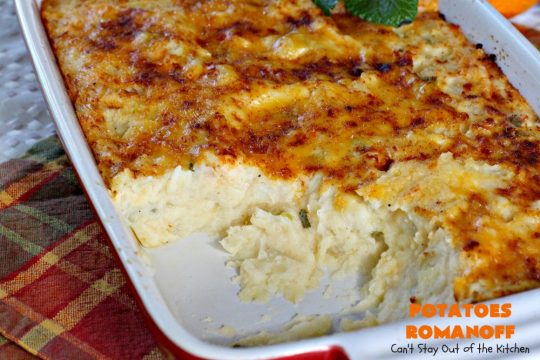 Potatoes Romanoff | Can't Stay Out of the Kitchen | this easy #MashedPotatoes #casserole is made a day before cooking it, making it perfect for #holidays like #Thanksgiving or #Christmas since you can make it ahead. It's one of our favorite ways to serve #potatoes. #glutenfree #cheddarcheese