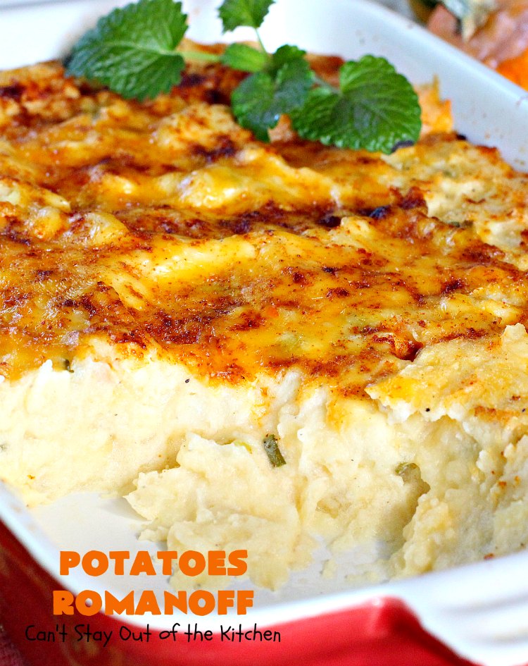 Potatoes Romanoff | Can't Stay Out of the Kitchen | this easy #MashedPotatoes #casserole is made a day before cooking it, making it perfect for #holidays like #Thanksgiving or #Christmas since you can make it ahead. It's one of our favorite ways to serve #potatoes. #glutenfree #cheddarcheese