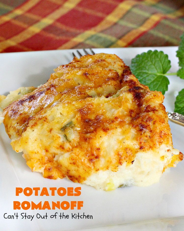 Potatoes Romanoff | Can't Stay Out of the Kitchen | this easy #MashedPotatoes #casserole is made a day before cooking it, making it perfect for #holidays like #Thanksgiving or #Christmas since you can make it ahead. It's one of our favorite ways to serve #potatoes. #glutenfree #cheddarcheese