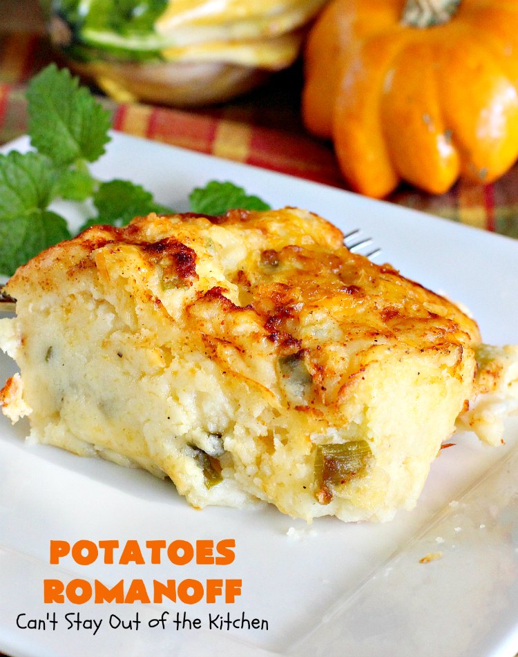 Potatoes Romanoff | Can't Stay Out of the Kitchen | this easy #MashedPotatoes #casserole is made a day before cooking it, making it perfect for #holidays like #Thanksgiving or #Christmas since you can make it ahead. It's one of our favorite ways to serve #potatoes. #glutenfree #cheddarcheese