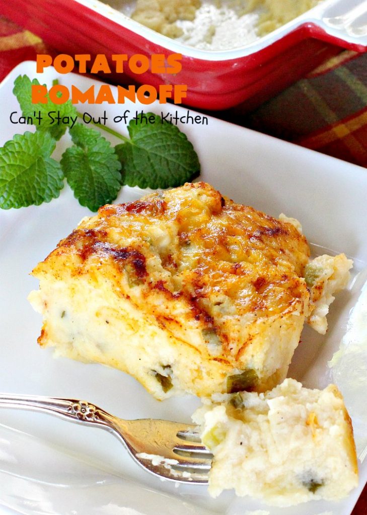 Potatoes Romanoff | Can't Stay Out of the Kitchen | this easy #MashedPotatoes #casserole is made a day before cooking it, making it perfect for #holidays like #Thanksgiving or #Christmas since you can make it ahead. It's one of our favorite ways to serve #potatoes. #glutenfree #cheddarcheese