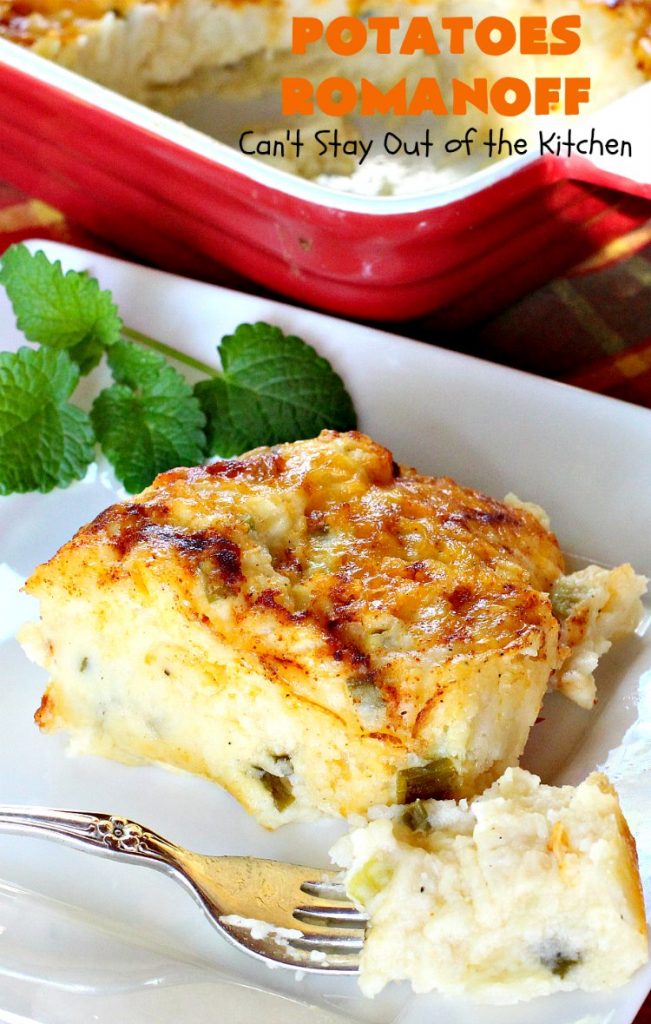 Potatoes Romanoff | Can't Stay Out of the Kitchen | this easy #MashedPotatoes #casserole is made a day before cooking it, making it perfect for #holidays like #Thanksgiving or #Christmas since you can make it ahead. It's one of our favorite ways to serve #potatoes. #glutenfree #cheddarcheese