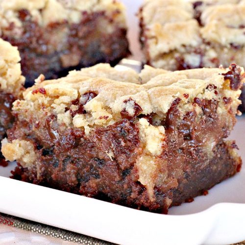 Praline Brookies | Can't Stay Out of the Kitchen | this outrageous #dessert has a #brownie layer, a #praline layer & topped with a #MrsFields #chocolate chip #cookie dough layer. Utterly amazing!