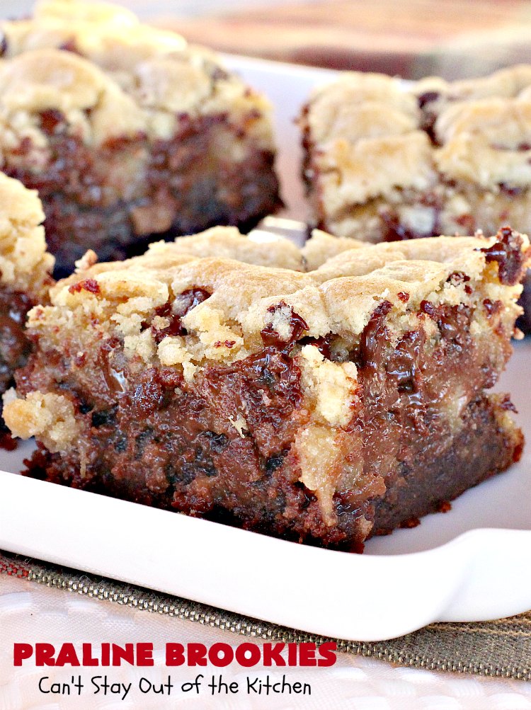 Praline Brookies | Can't Stay Out of the Kitchen | this outrageous #dessert has a #brownie layer, a #praline layer & topped with a #MrsFields #chocolate chip #cookie dough layer. Utterly amazing!