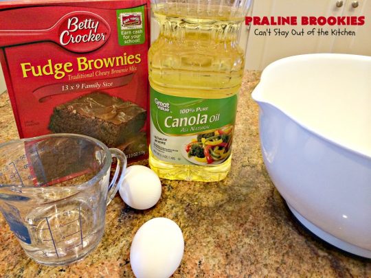 Praline Brookies | Can't Stay Out of the Kitchen | this outrageous #dessert has a #brownie layer, a #praline layer & topped with a #MrsFields #chocolate chip #cookie dough layer. Utterly amazing!
