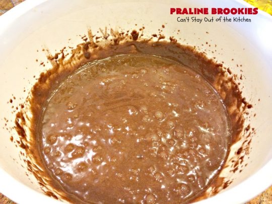 Praline Brookies | Can't Stay Out of the Kitchen | this outrageous #dessert has a #brownie layer, a #praline layer & topped with a #MrsFields #chocolate chip #cookie dough layer. Utterly amazing!