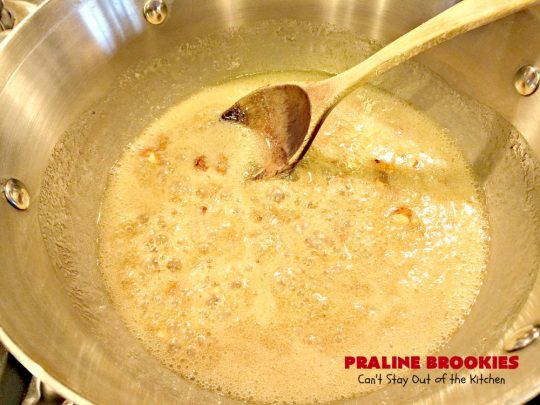 Praline Brookies | Can't Stay Out of the Kitchen | this outrageous #dessert has a #brownie layer, a #praline layer & topped with a #MrsFields #chocolate chip #cookie dough layer. Utterly amazing!