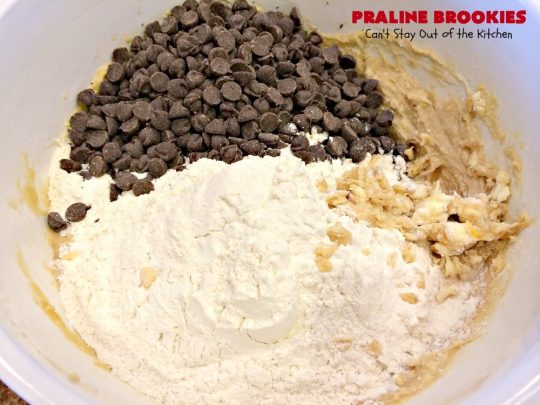 Praline Brookies | Can't Stay Out of the Kitchen | this outrageous #dessert has a #brownie layer, a #praline layer & topped with a #MrsFields #chocolate chip #cookie dough layer. Utterly amazing!