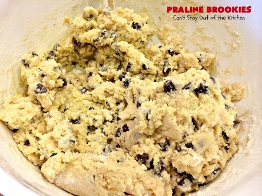 Praline Brookies | Can't Stay Out of the Kitchen | this outrageous #dessert has a #brownie layer, a #praline layer & topped with a #MrsFields #chocolate chip #cookie dough layer. Utterly amazing!