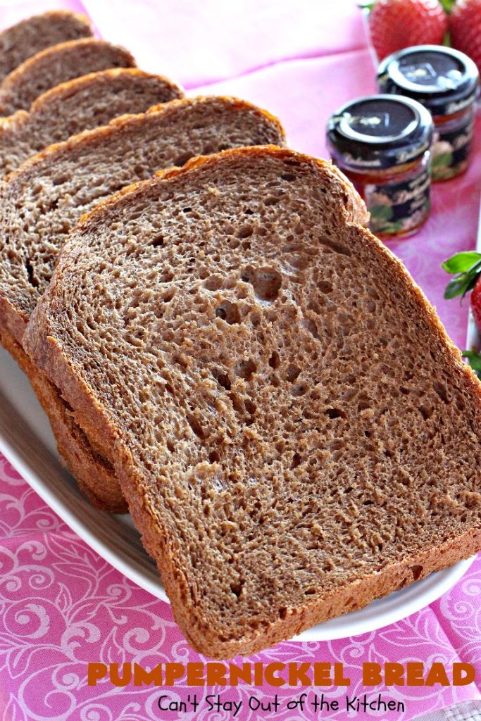 Pumpernickel Bread | Can't Stay Out of the Kitchen | This delicious home-baked #bread is so easy since it's made in the #breadmaker. #Pumpernickel is a #SourdoughBread made with #RyeFlour. It's excellent as a dinner bread with any entree. We like to serve it for #breakfast with Apple Butter or jelly. #HomeMadeBread #HomeBakedBread #PumpernickelBread