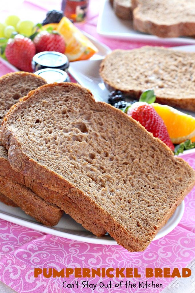 Pumpernickel Bread | Can't Stay Out of the Kitchen | This delicious home-baked #bread is so easy since it's made in the #breadmaker. #Pumpernickel is a #SourdoughBread made with #RyeFlour. It's excellent as a dinner bread with any entree. We like to serve it for #breakfast with Apple Butter or jelly. #HomeMadeBread #HomeBakedBread #PumpernickelBread