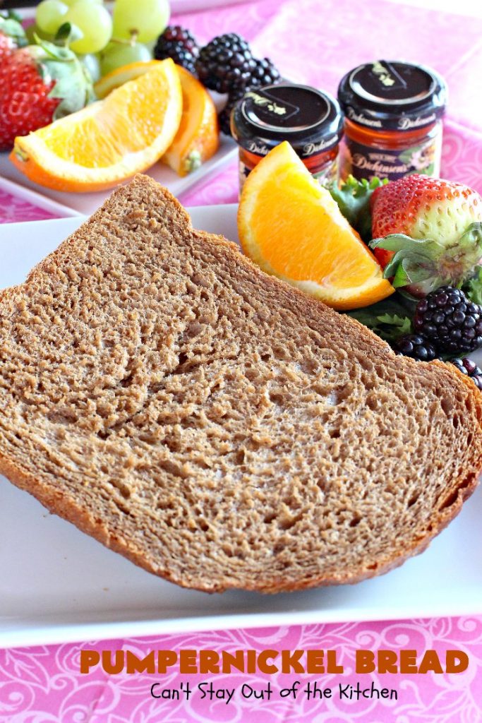 Pumpernickel Bread | Can't Stay Out of the Kitchen | This delicious home-baked #bread is so easy since it's made in the #breadmaker. #Pumpernickel is a #SourdoughBread made with #RyeFlour. It's excellent as a dinner bread with any entree. We like to serve it for #breakfast with Apple Butter or jelly. #HomeMadeBread #HomeBakedBread #PumpernickelBread