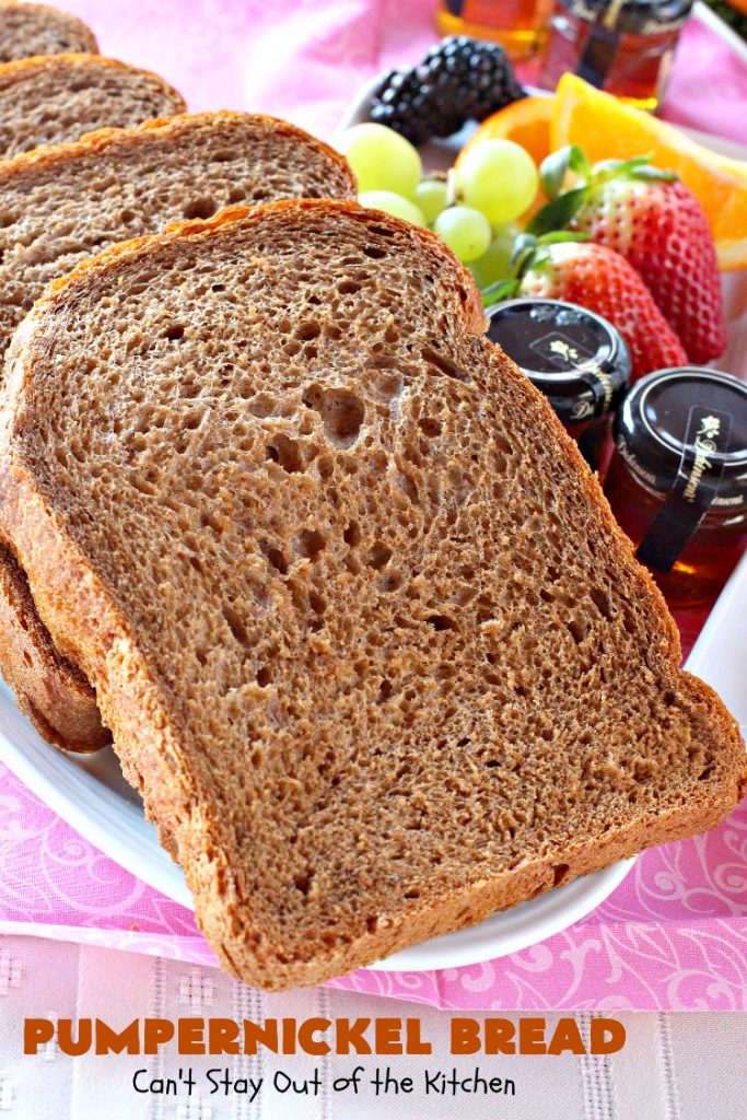 Pumpernickel Bread | Can't Stay Out of the Kitchen | This delicious home-baked #bread is so easy since it's made in the #breadmaker. #Pumpernickel is a #SourdoughBread made with #RyeFlour. It's excellent as a dinner bread with any entree. We like to serve it for #breakfast with Apple Butter or jelly. #HomeMadeBread #HomeBakedBread #PumpernickelBread
