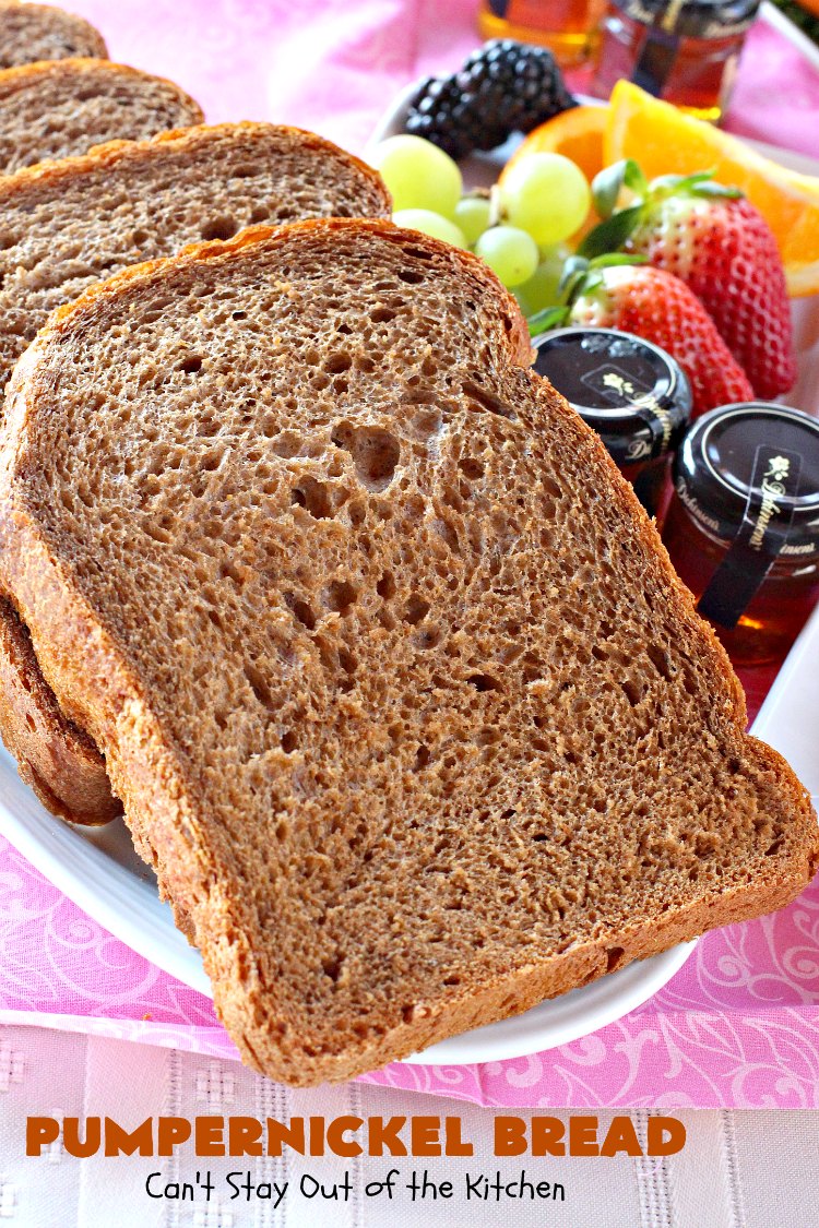 Pumpernickel Bread | Can't Stay Out of the Kitchen | This delicious home-baked #bread is so easy since it's made in the #breadmaker. #Pumpernickel is a #SourdoughBread made with #RyeFlour. It's excellent as a dinner bread with any entree. We like to serve it for #breakfast with Apple Butter or jelly. #HomeMadeBread #HomeBakedBread #PumpernickelBread