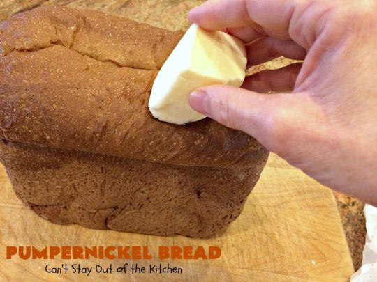 Pumpernickel Bread | Can't Stay Out of the Kitchen | This delicious home-baked #bread is so easy since it's made in the #breadmaker. #Pumpernickel is a #SourdoughBread made with #RyeFlour. It's excellent as a dinner bread with any entree. We like to serve it for #breakfast with Apple Butter or jelly. #HomeMadeBread #HomeBakedBread #PumpernickelBread