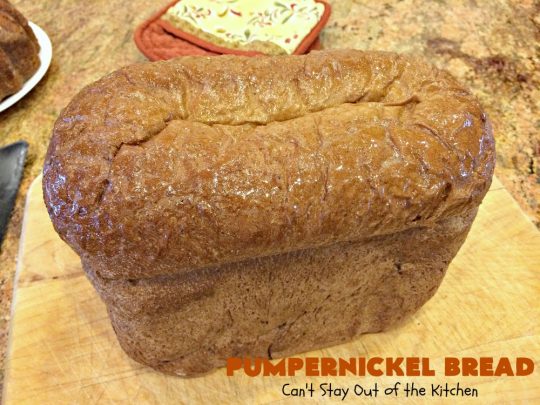 Pumpernickel Bread | Can't Stay Out of the Kitchen | This delicious home-baked #bread is so easy since it's made in the #breadmaker. #Pumpernickel is a #SourdoughBread made with #RyeFlour. It's excellent as a dinner bread with any entree. We like to serve it for #breakfast with Apple Butter or jelly. #HomeMadeBread #HomeBakedBread #PumpernickelBread