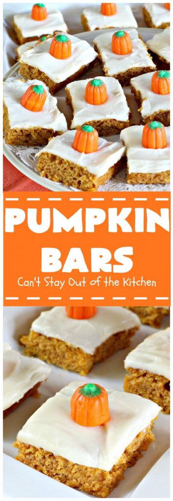 Pumpkin Bars | Can't Stay Out of the Kitchen | sensational #dessert for #fall #baking. The #creamcheese frosting is heavenly. #pumpkin #cookie