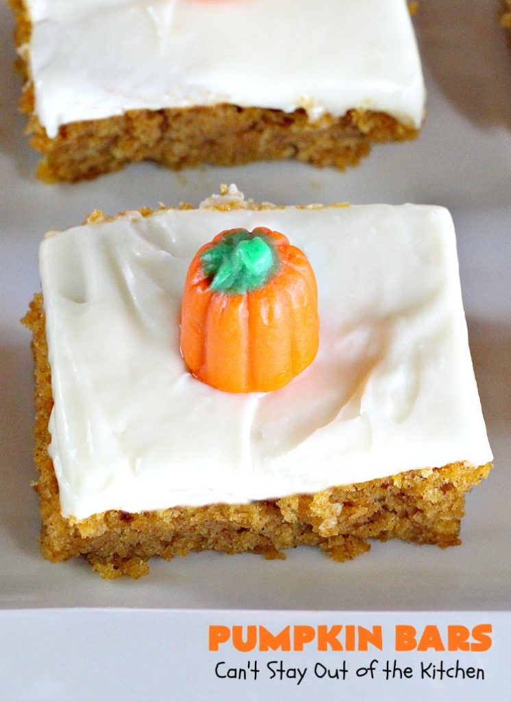 Pumpkin Bars | Can't Stay Out of the Kitchen | sensational #dessert for #fall #baking. The #creamcheese frosting is heavenly. #pumpkin #cookie