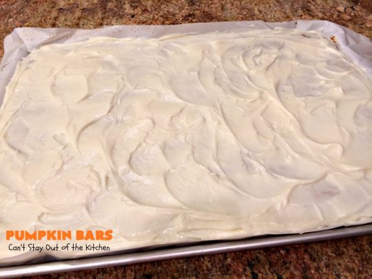 Pumpkin Bars | Can't Stay Out of the Kitchen | sensational #dessert for #fall #baking. The #creamcheese frosting is heavenly. #pumpkin #cookie