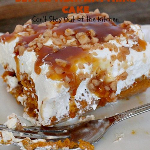 Pumpkin Better Than Anything Cake | Can't Stay Out of the Kitchen | this is one of the best #desserts I've ever tried. The #pumpkin #pokecake is filled with sweetened condensed milk so it's extremely moist. This easy #recipe also uses #HeathEnglishToffeeBit & #CaramelSundaeSauce. You'll be drooling after the first bite! #PumpkinCake #cake #CoolWhip #PumpkinDessert #EasyDessert #HolidayDessert #ThanksgivingDessert #ChristmasDessert